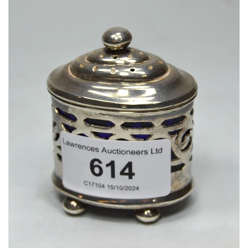 614 - Chinese silver salt in English style with blue glass liner, signed with two character marks to the b... 