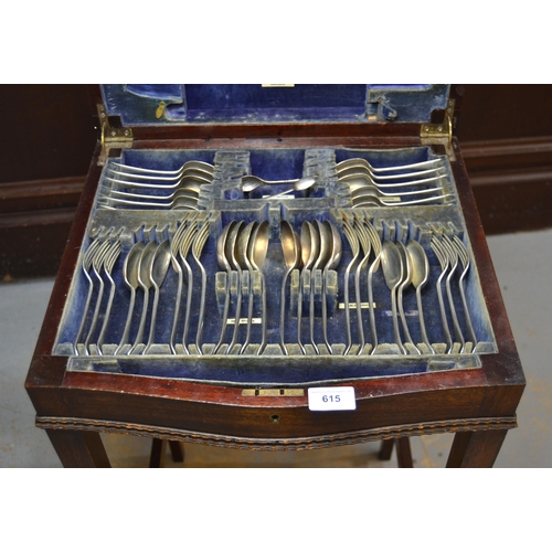 615 - Silver Old English pattern six place setting canteen of cutlery in a mahogany case on stand, Sheffie... 