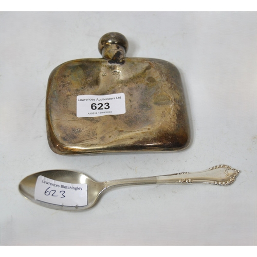 623 - Sheffield silver hip flask (at fault), together with a silver spoon