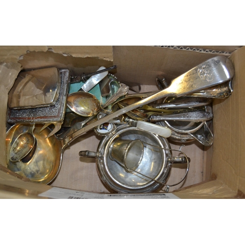 629 - Small quantity of miscellaneous silver plate including a ladle together with a brass trivit