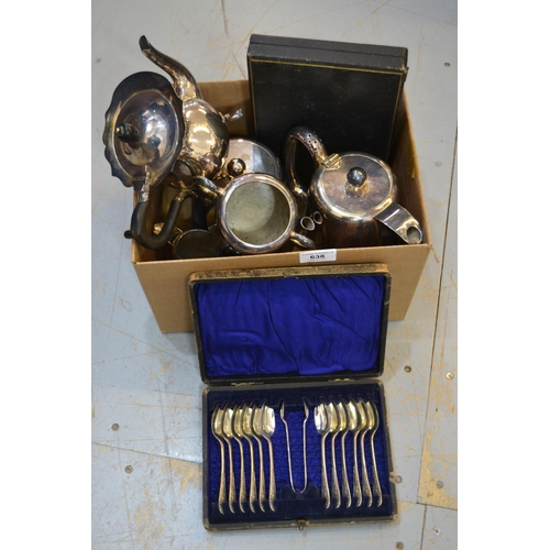 638 - Cased set of twelve silver plated teaspoons with matching tongs, together with a quantity of other m... 