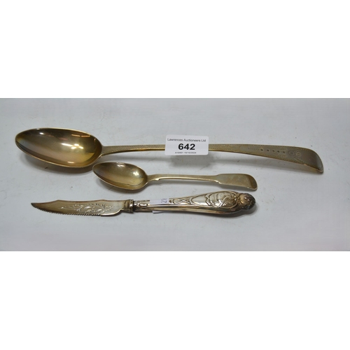 642 - George III silver bright cut basting spoon, together with a silver teaspoon and a silver handled kni... 