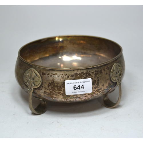 644 - Birmingham silver fruit bowl of Art Nouveau design, the beaten body raised on four stylised supports... 