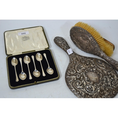 660 - Cased set of six Sheffield silver coffee spoons, together with a three piece silver backed dressing ... 