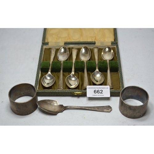 662 - Pair of engine turned silver napkin rings, cased set of six silver coffee spoons and a silver jam sp... 