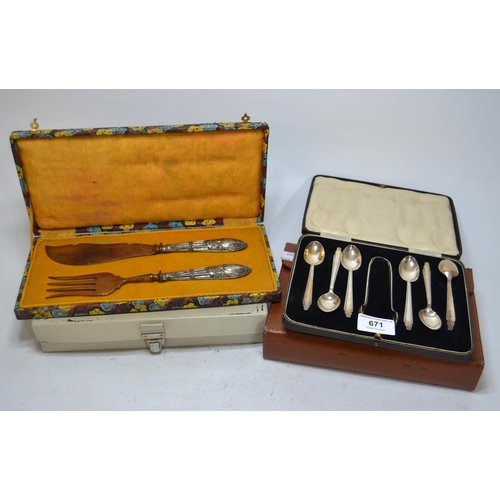 671 - Cased set of six Sheffield silver coffee spoons with tongs, together with a cased pair of Continenta... 