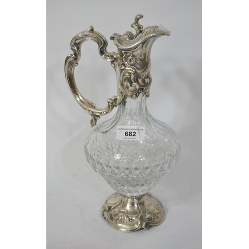 682 - Good quality cut glass claret jug with silver plated mounts, 29cm high