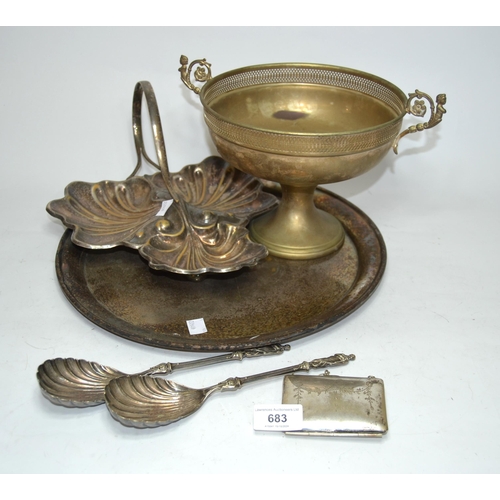 683 - Pair of Apostle handled serving spoons, plated purse and three other items of silver plate