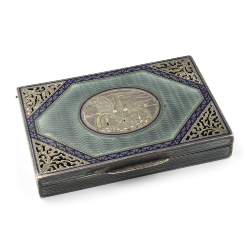 708 - Continental silver rectangular cigarette case with enamelled decoration (damage to enamel)