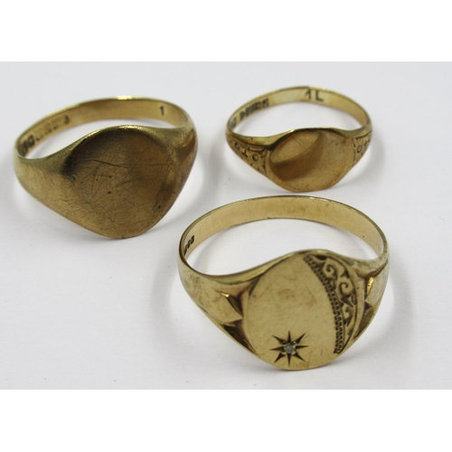 715 - Three various 9ct gold signet rings, 8.5g