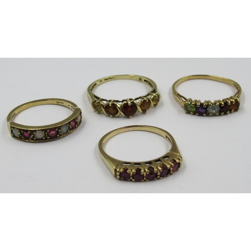 739 - Four various 9ct gold five stone dress rings, 8.5g