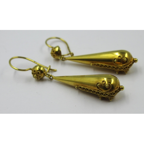 756 - Pair of Victorian style 15ct gold Etruscan design drop earrings, bearing monogram signature, 4.7g