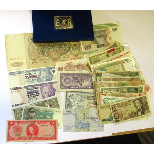 765 - Quantity of foreign bank notes, together with a Queen's Silver Jubilee silver replica ten pence post... 