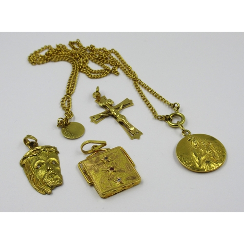 768 - Group of five various Portuguese gold (800 mark) pendants, together with a similar chain, gross weig... 