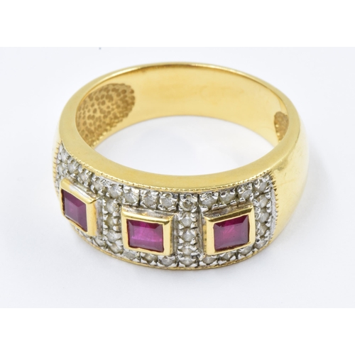 769 - Portuguese gold (800 mark) ring set three rubies surrounded by small diamonds, size S, 8g