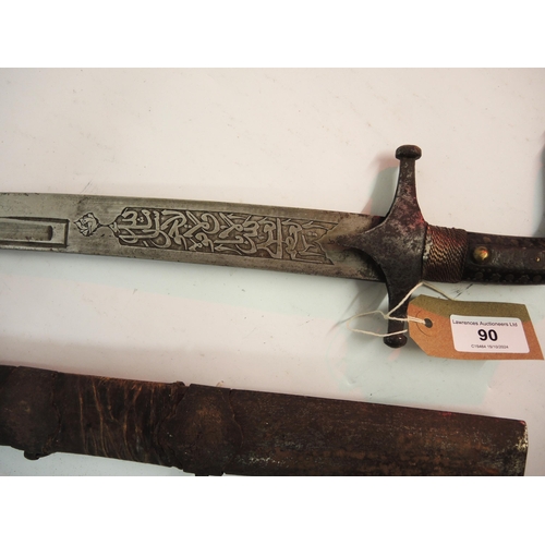 90 - 19th Century Ottoman sword with engraved curved blade, steel hilt and wire bound metal inlaid grip w... 