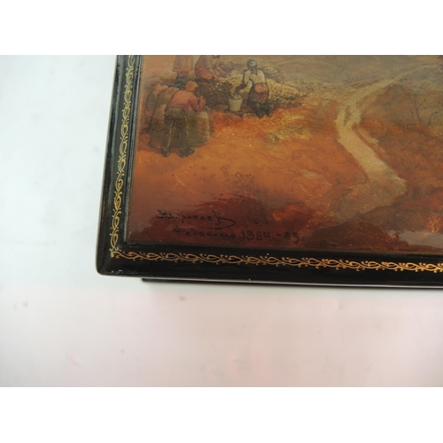 93 - Large 20th Century papier mache box, the hinged cover painted with a summer landscape by Y. Karapeye... 