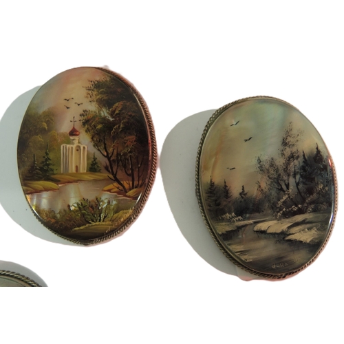 94 - Group of three small 20th Century Russian papier mache boxes, the lids painted with various landscap... 