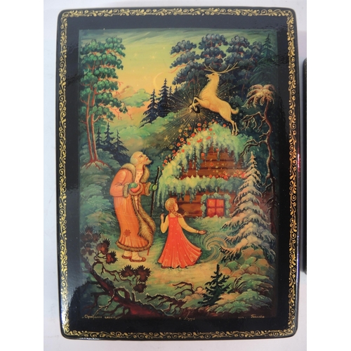 98 - Group of three various 20th Century Russian papier mache boxes painted with figures in landscapes, t... 