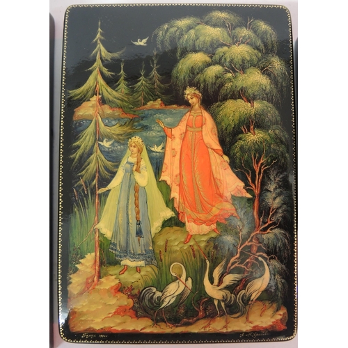 98 - Group of three various 20th Century Russian papier mache boxes painted with figures in landscapes, t... 