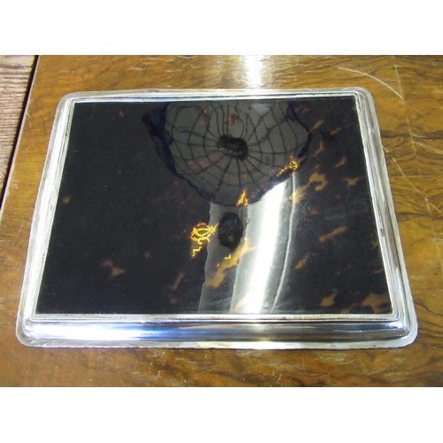 687 - Rectangular Chester silver mounted tortoiseshell and pique work dressing table tray, 27 x 21cm