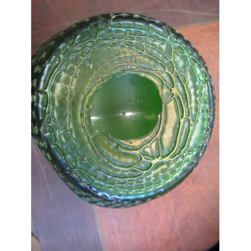 443B - Art Nouveau Loetz type threaded green glass vase, 24cm high