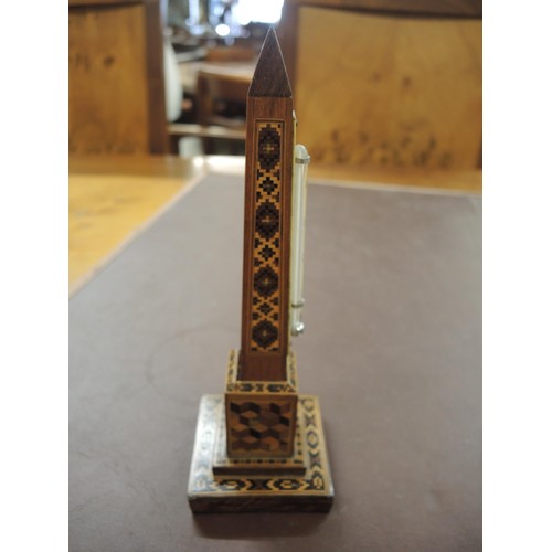 217 - 19th Century Tunbridge ware obelisk thermometer, 19.5cm high