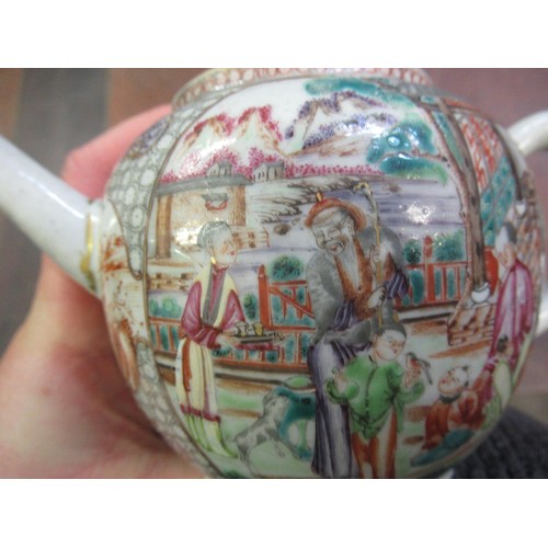 445 - Small Chinese porcelain teapot decorated with panels of figures in garden scenes