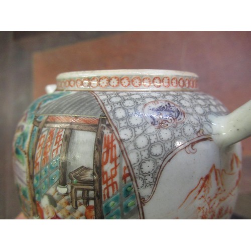 445 - Small Chinese porcelain teapot decorated with panels of figures in garden scenes