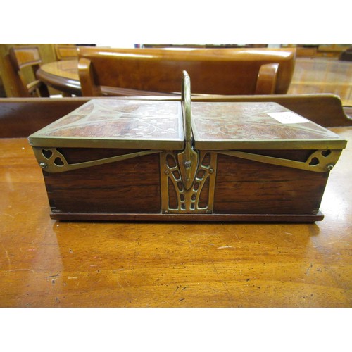 1700 - Art Nouveau mahogany and brass inlaid two division box with carrying handle and hinged lids