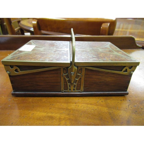 1700 - Art Nouveau mahogany and brass inlaid two division box with carrying handle and hinged lids