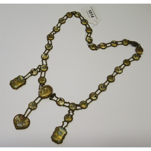 1014 - Unusual Satsuma pottery gilt metal mounted necklace with three pendant drops, the multiple panels de... 