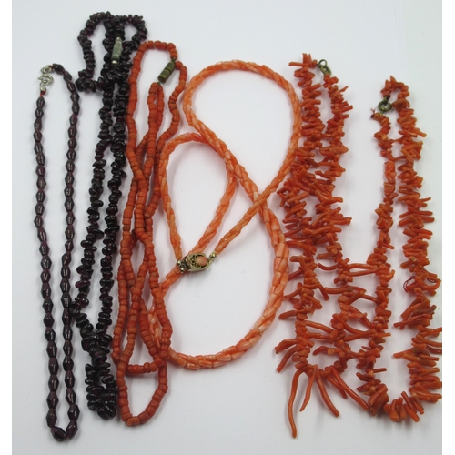 1064 - Four coral bead necklaces, and two amethyst stone necklaces