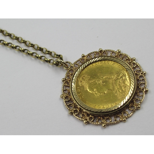 1114 - 1889 Full sovereign in a 9ct gold pendant mount on a 9ct gold chain, gross weight 18.7g