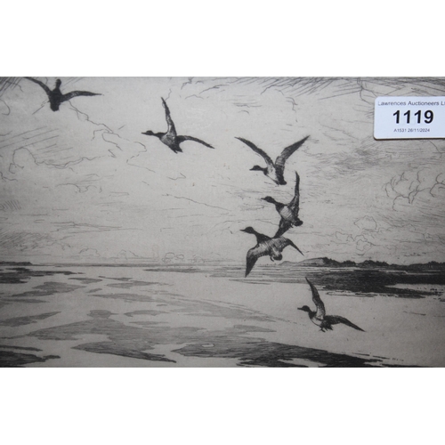 1119 - Frank Weston Benson, two signed etchings, wildfowl in flight, 18 x 27cm and 20 x 25cm