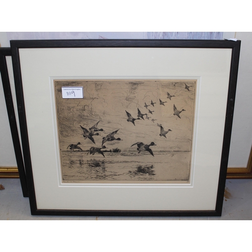 1119 - Frank Weston Benson, two signed etchings, wildfowl in flight, 18 x 27cm and 20 x 25cm