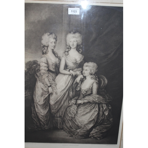 1123 - Black and white antique engraving, titled ' Eldest Princesses ' after Gainsborough, framed and glaze... 