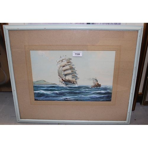 1124 - A.D. Bell, watercolour, steam and sailing ship off the coast, signed and dated 1951, 23 x 35cm, fram... 