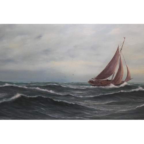 1125 - H. Braunston, oil on board, single masted ship at sea, signed, 44 x 74cm, framed