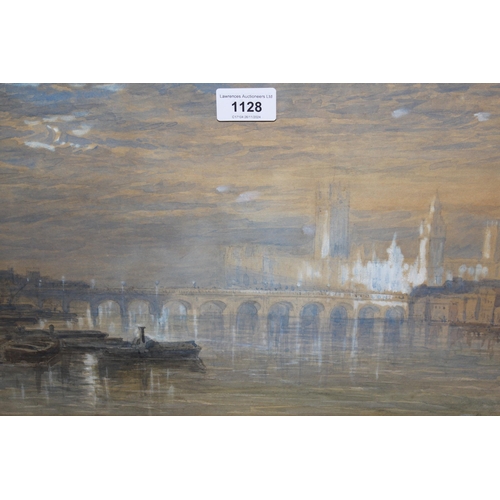 1128 - Watercolour, view of the Palace of Westminster from the Thames, signed indistinctly, 25 x 40cm, gilt... 