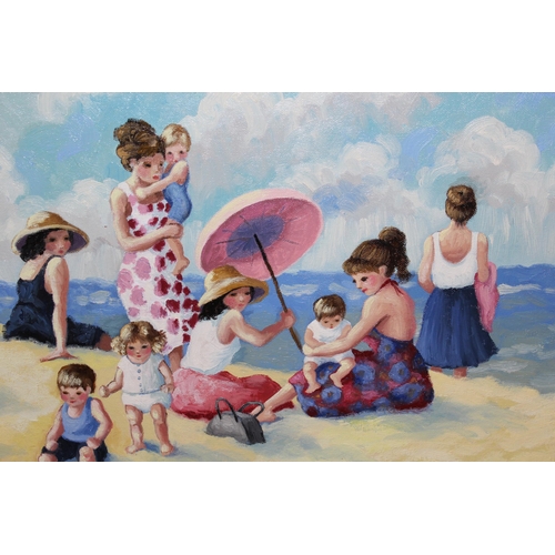 1156 - Joanna Bryan, oil on board ' Sunday Afternoon on the Beach ', signed, 36 x 43cm, gilt framed