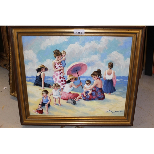 1156 - Joanna Bryan, oil on board ' Sunday Afternoon on the Beach ', signed, 36 x 43cm, gilt framed