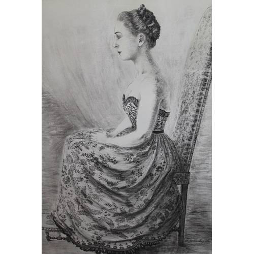 1157 - Large pencil and watercolour portrait of a seated lady, indistinctly signed, 85 x 64cm