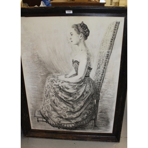 1157 - Large pencil and watercolour portrait of a seated lady, indistinctly signed, 85 x 64cm