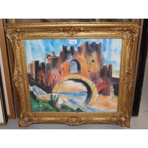 1158 - Watercolour, castle topped bridge, indistinctly signed, 43 x 51cm, in an ornate gilt frame