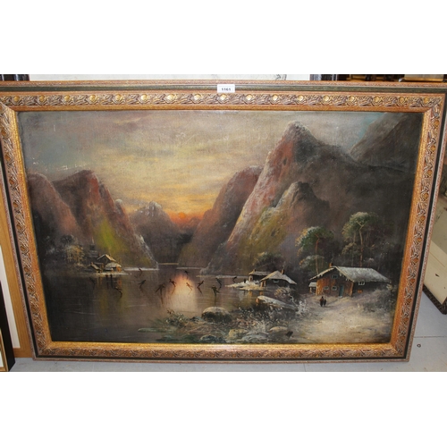 1161 - Large oil on panel, Continental mountain scene with frozen lake, skaters and chalets, unsigned, 60 x... 