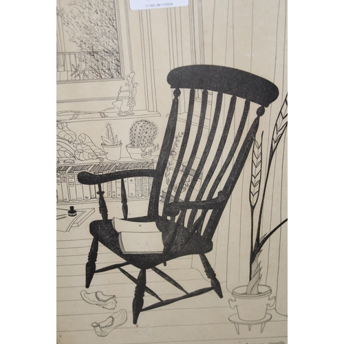 1162 - Rosemary Grimble, black and white print, interior with a stickback armchair, signed in ink by the ar... 