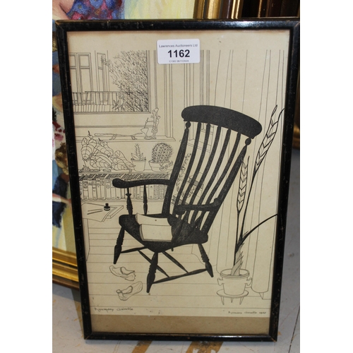 1162 - Rosemary Grimble, black and white print, interior with a stickback armchair, signed in ink by the ar... 