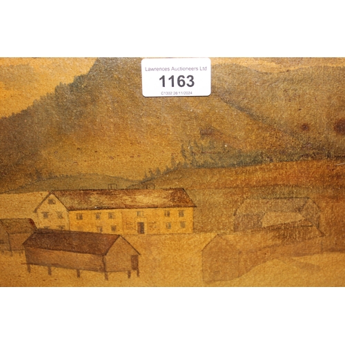 1163 - Norwegian painting on card, landscape with various buildings, bearing inscription verso, 17 x 24cm