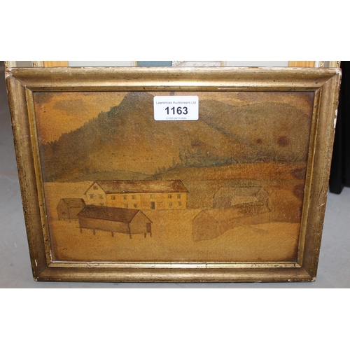 1163 - Norwegian painting on card, landscape with various buildings, bearing inscription verso, 17 x 24cm